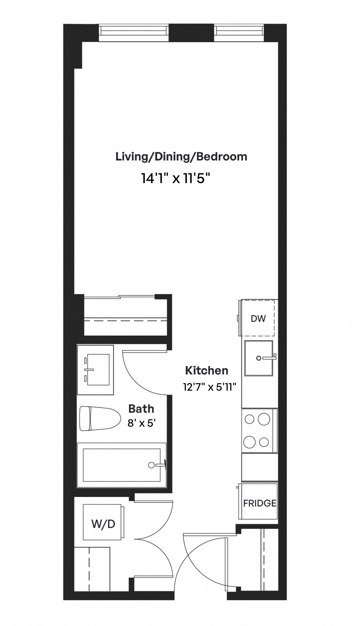 Floor plan for studio, 1 bath, 405 sqft